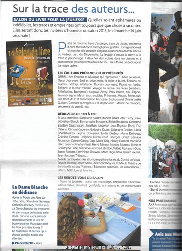 Article de presse du Journal de Sartrouville, numéro 107 de juin 2015, sur la dédicace de La Dame Blanche, quatrième roman de fantasy