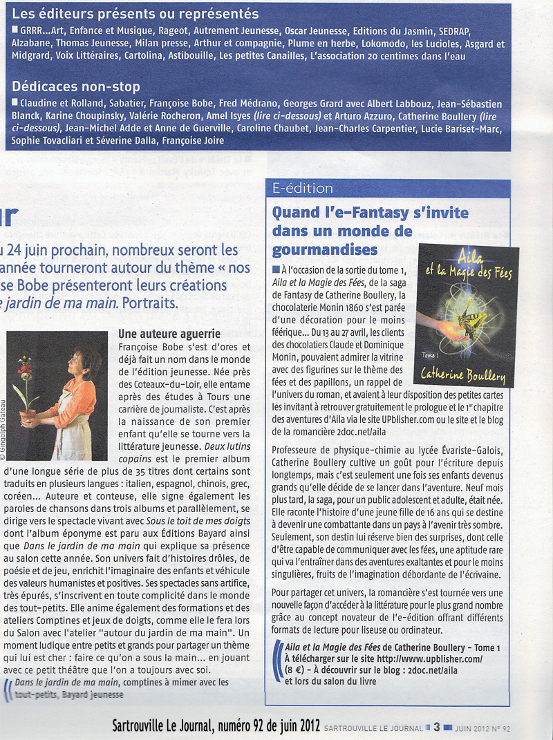 Article de presse - Journal de Sartrouville 92 - Juin 2012 - Aila et la Magie des Fées - Catherine Boullery - e-fantasy, chocolats et gourmandises