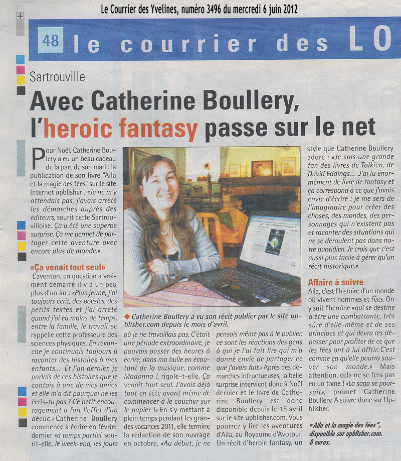 Article de presse du Courrier des Yvelines, numéro 3496 de juin 2012, sur l'auteure Catherine Boullery