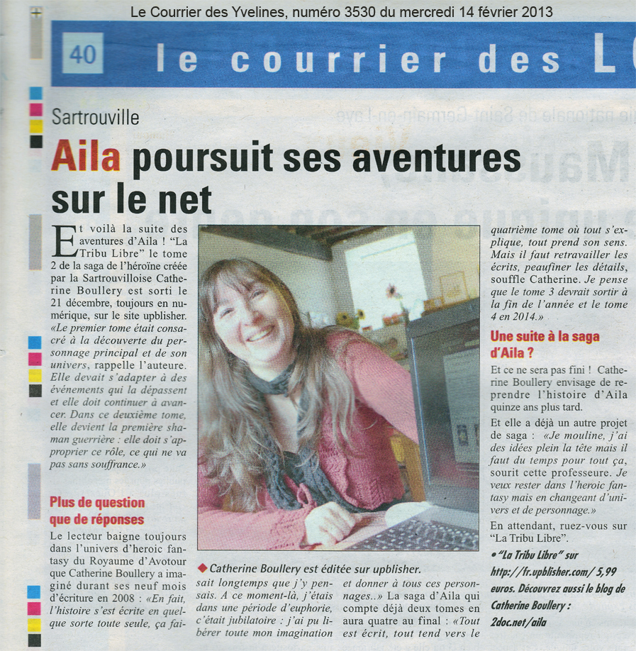 Article de presse du Courrier des Yvelines, numéro 3530 de février 2013, sur l'auteure Catherine Boullery